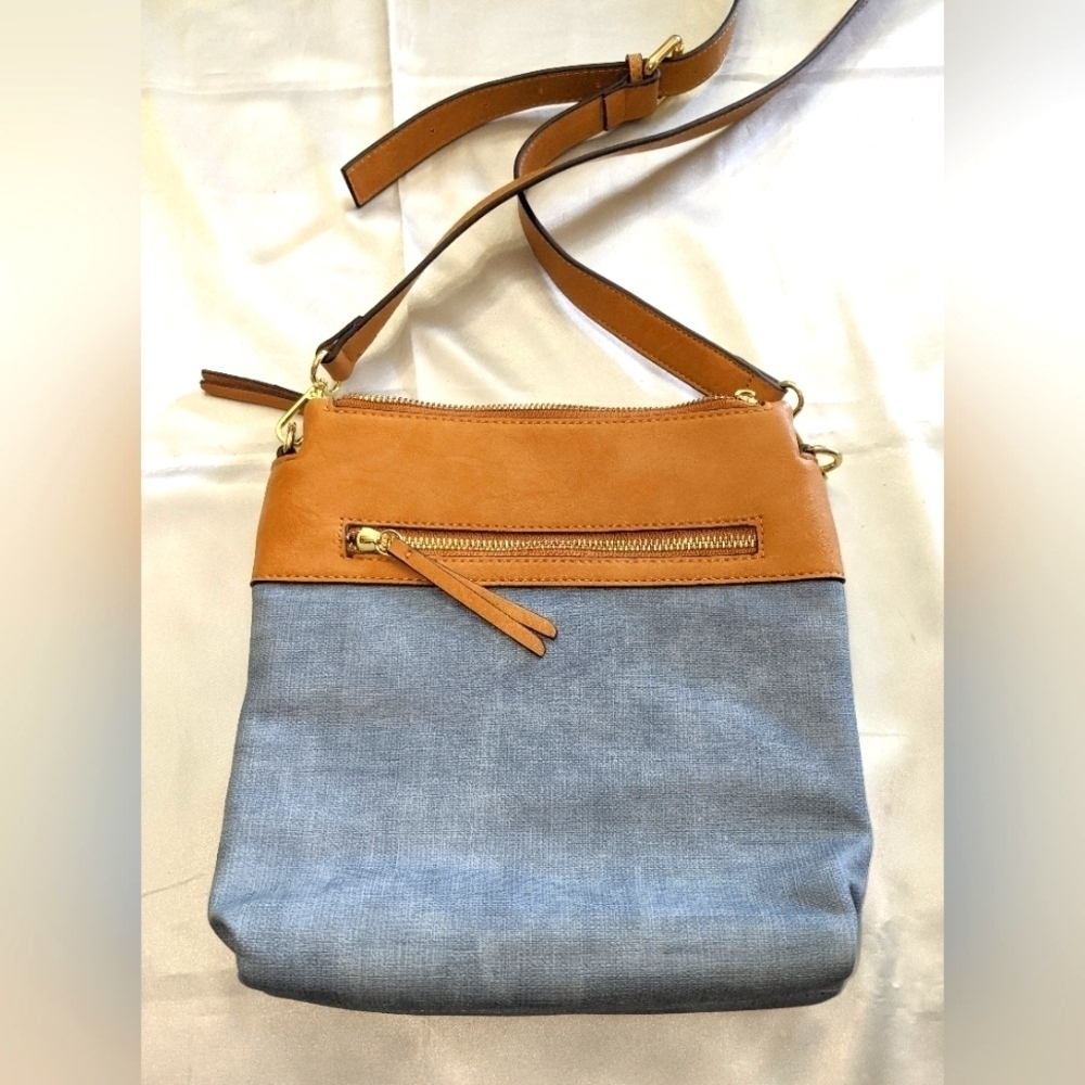 Sondra Roberts Squared Women's Crossbody Shoulder Bag Tan And Blue Denim Look